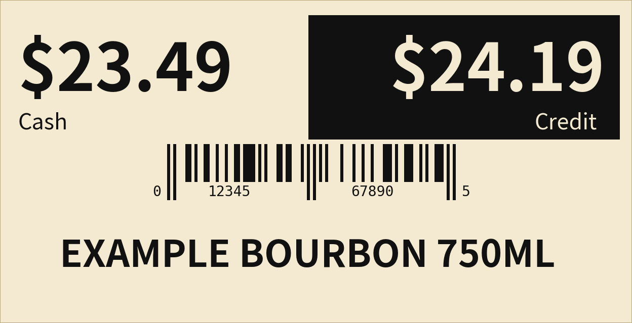 Dual-price shelf tag showing $23.49 cash and $24.19 credit for Example Bourbon 750ml
